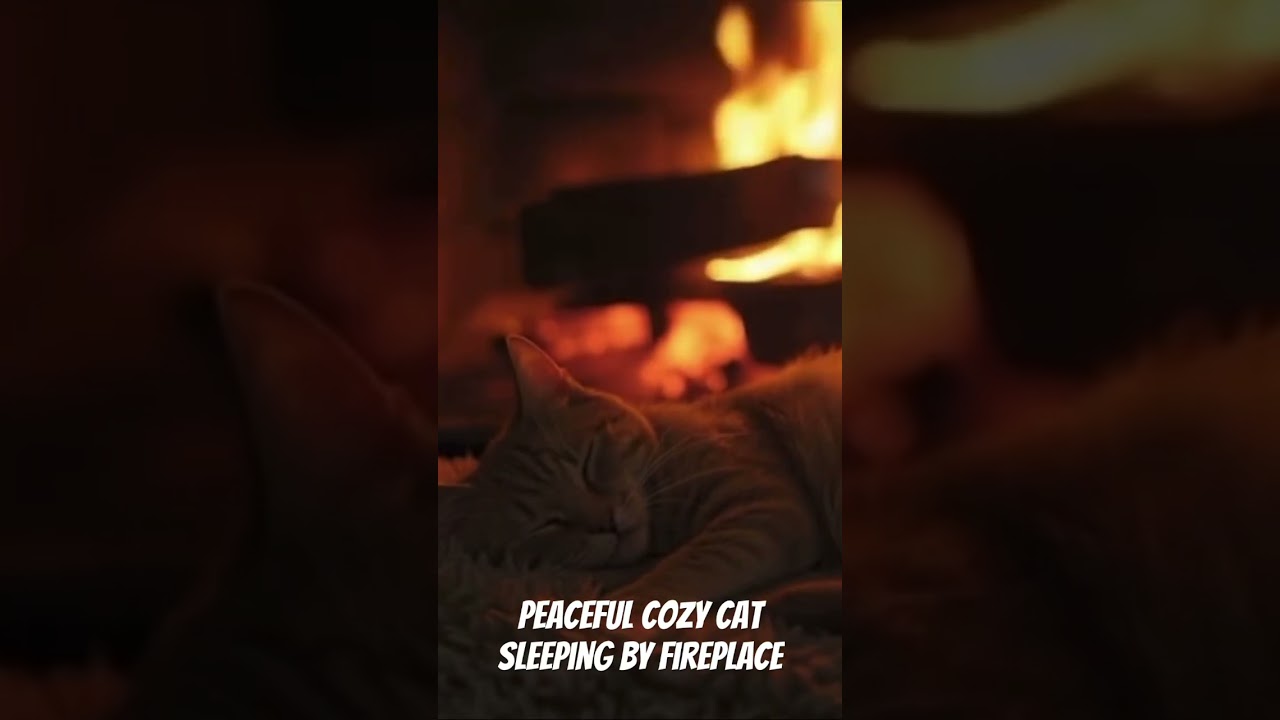 Peaceful cozy cat sleeping by fireplace 