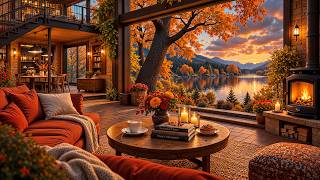 Soft Relaxing Jazz Music 🍂 Cozy Autumn Coffee Shop Ambience with a Warm Lakeside Sunset to Unwind screenshot 4