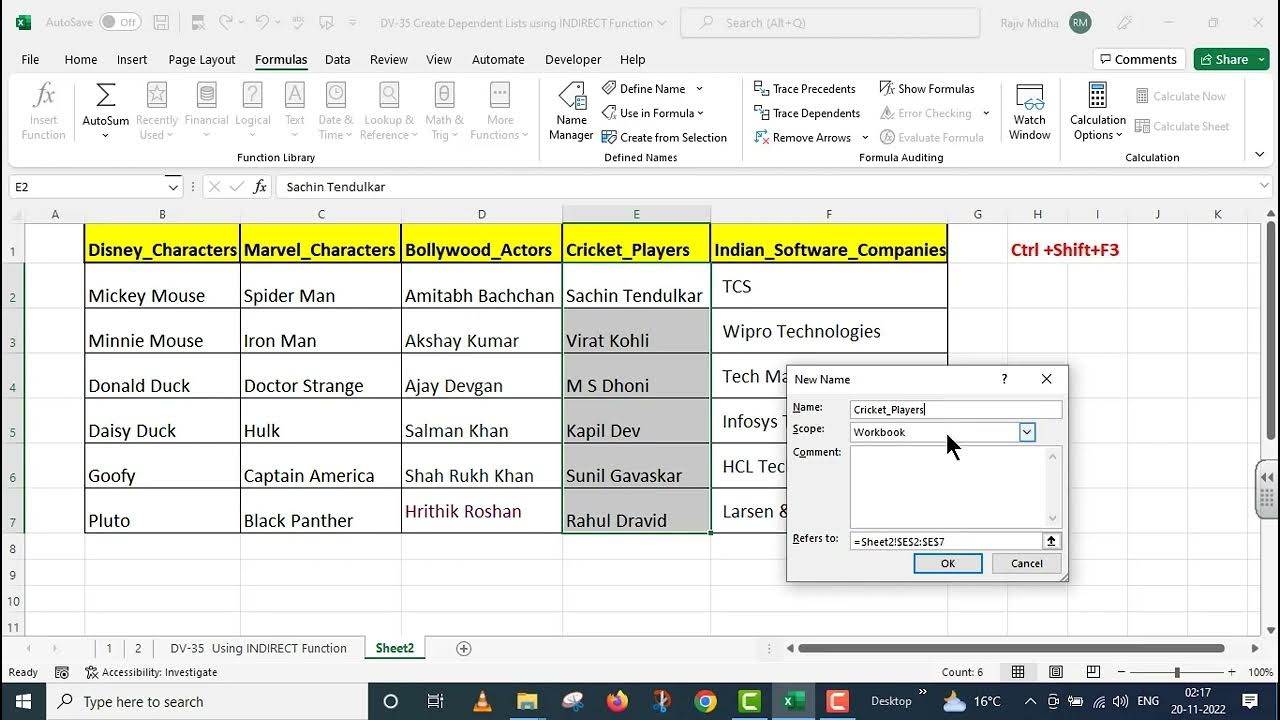 Data Validation 35 Dependent List using INDIRECT Function - YouTube