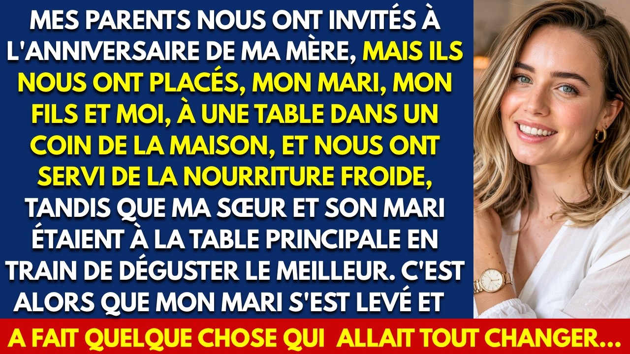 « Faites comme chez vous », m’a dit ma mère en nous installant, mon mari et moi, sur une petite table bancale cachée derrière une plante, pendant que ma sœur et ses invités sirotaient du champagne...