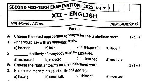 12th English Second MidTerm Question Paper 2025 | 12th English l 2nd MidTerm Question paper 2025