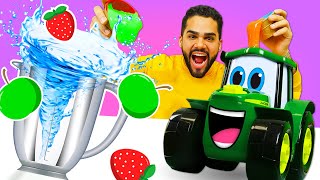 Trator John Deere de brinquedo na confeitaria: aventuras doces com geleia de frutas! Vídeo infantil.