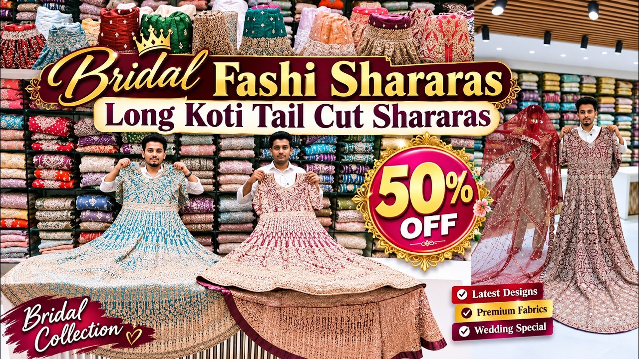 Wedding Season Special Bridal Farshi Sharara Long Koti Tail Cut Sharara Straight Cut Lehengas#50%off
