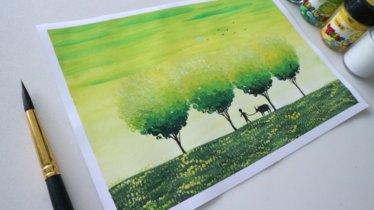 Vẽ tranh phong cảnh đồi núi mùa thu  Màu nước Queen  Easy Beautiful  Landscape Watercolor Painting