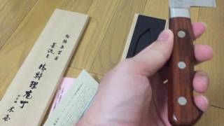 [日本橋　木屋]49層墨流しスーパーゴールド粉末鋼　ココボロ柄　鎌型　170ｍｍ