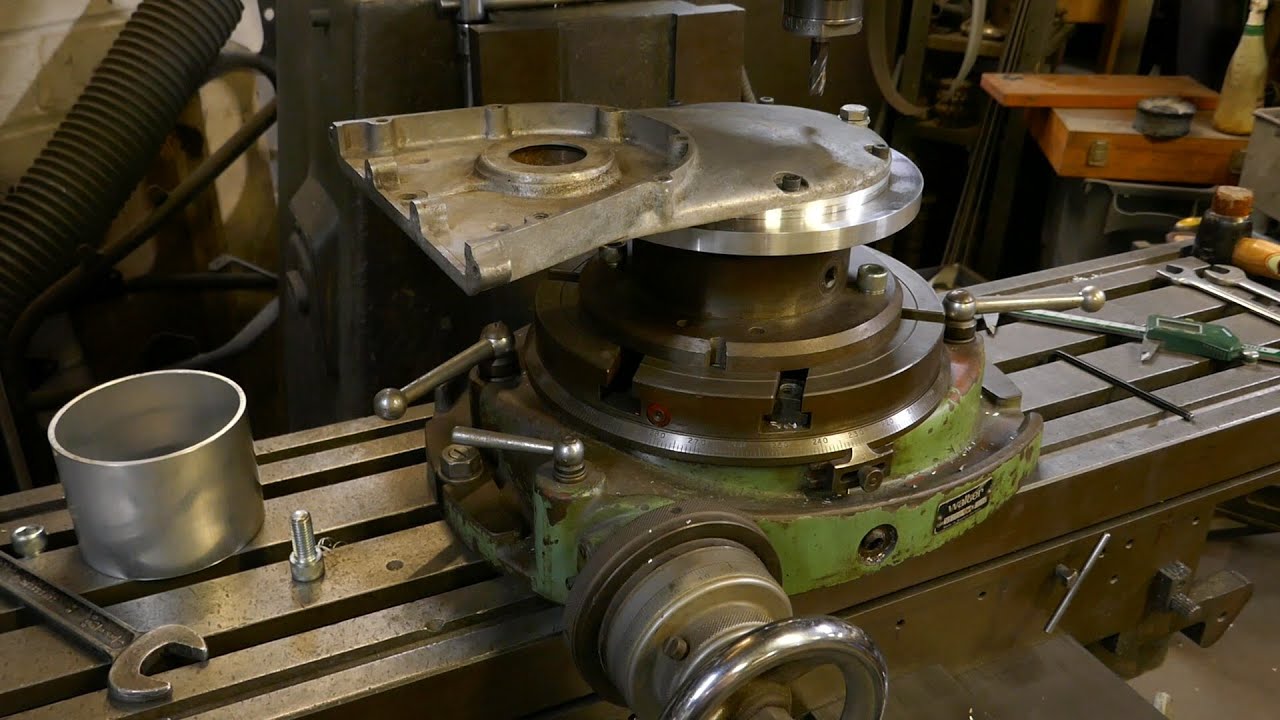 Ariel Square Four alternator conversion. Using a turntable to machine a large hole in the drive case