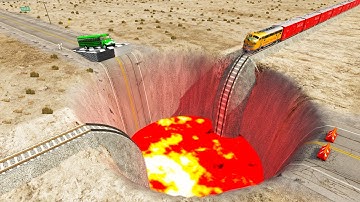 Trains vs Giant Pit Deep Lava - Cars vs Rails - BeamNG.Drive