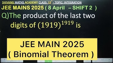 Q) The product of the last two digits of (1919)^1919 is #complexnumbers #jee2026 #  class 11 #maths