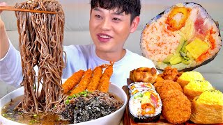 SUB 살얼음 냉모밀 후토마끼 대왕계란유부초밥 치즈고로케 먹방~!! Japanese food Cold buckwheat noodles With Futomaki MuKBang!!