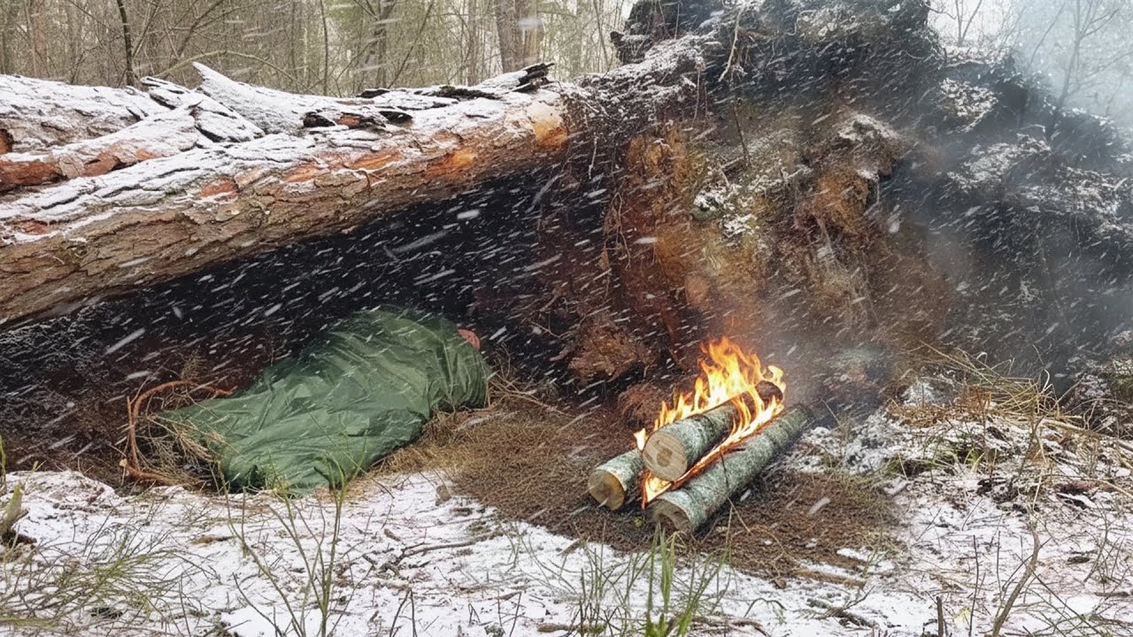Укрытие под стволом и корнями с костром Нодья. Выживание в дикой природе