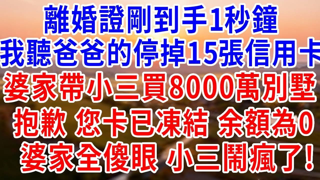 離婚證剛到手1秒鐘，我聽爸爸的停掉15張信用卡，婆家帶懷孕小三買8000萬別墅，“抱歉，您卡已凍結，余額為0”婆家全傻眼，小三鬧瘋了！#婆媳#反轉#爽文