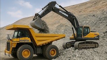 Hyundai Excavator Loading Komatsu Dump Trucks | Powerful Earthmoving in Open-Pit Mining 🚧🔥
