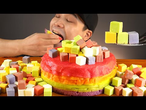 A colorful rainbow crêpe cake and rainbow cheese mukbang-!! Real sound ASMR 