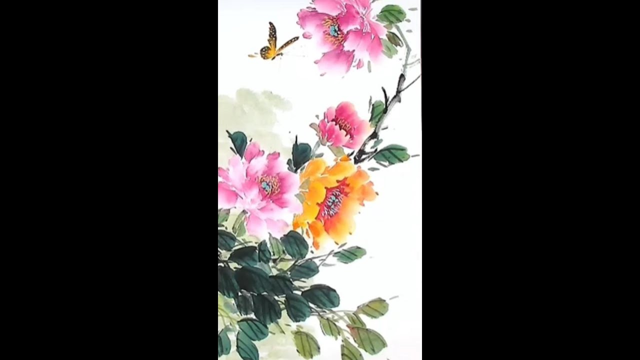 Chinese Ink Painting Peony Blossoms Traditional Brush Art with Butterfly