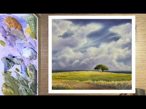 Tutorial: Watercolor painting landscape - Clouds over a field