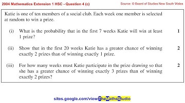 2004 Maths Extension 1 HSC Q4c Find probability of events using binomial distribution