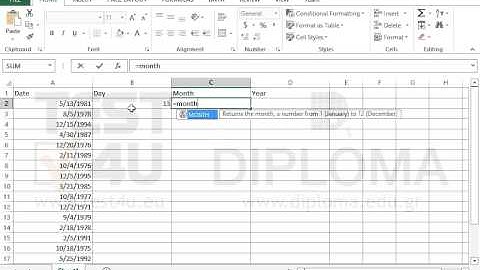 Use the DAY, MONTH and YEAR functions to break down a date (Excel 2013)