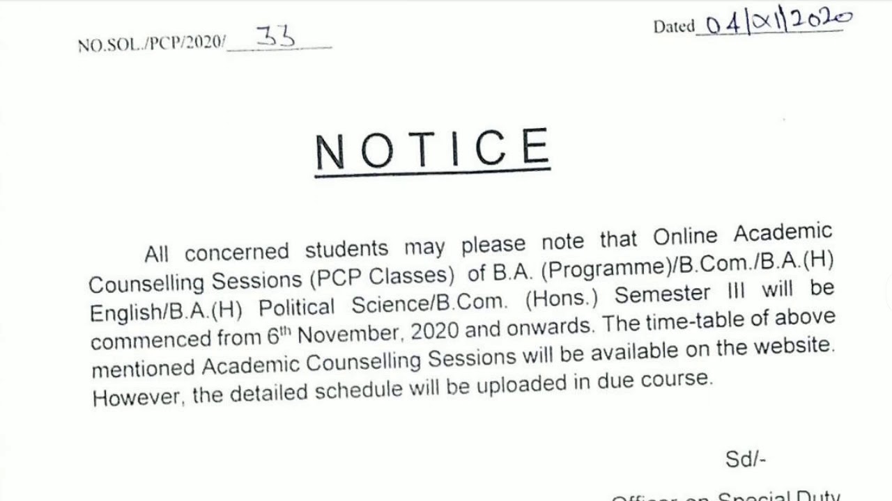 pcp class notice Sol DU semester 3 2020 notice 