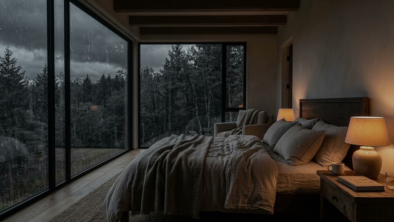 Gentle Forest Rain 🌧️ Flowing Past The Bedroom Window While Tall Pines 🌲 Fade Into Mist