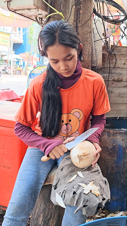 Hardworking Cambodian Girl! Coconut Fruits Cutting Skills