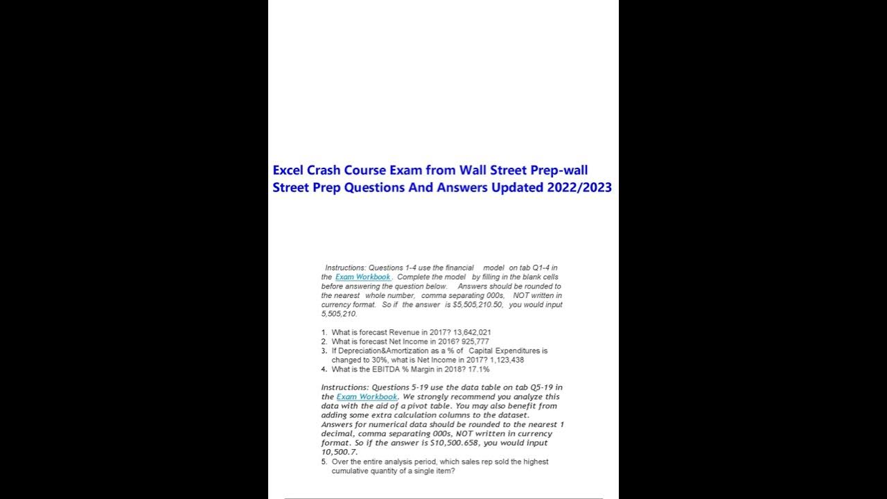 EXCEL CRASH COURSE EXAM FROM WALL STREET PREP WALL STREET PREP