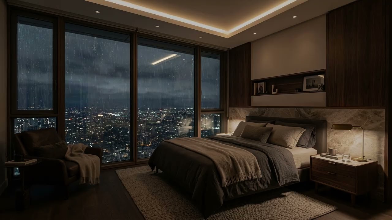 Urban Rain 🌧️ Sliding Down Glass Of A High Rise Bedroom While City Lights Glow Below ✨
