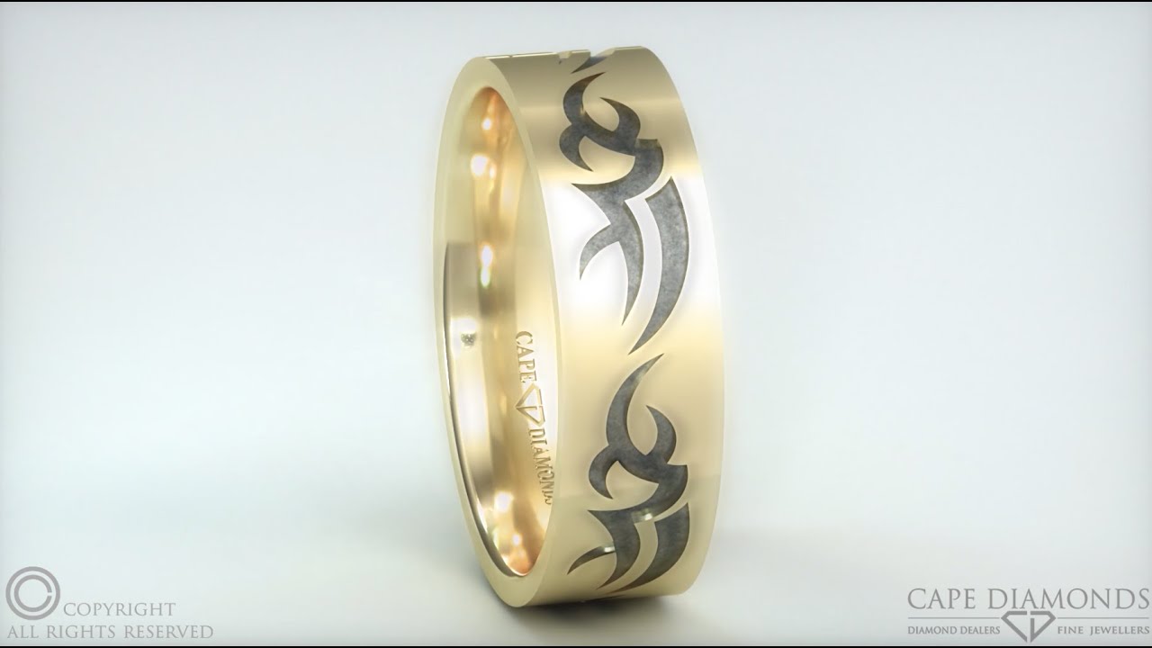 548. Tattoo Comfort-Fit Polished Yellow Gold Men&#39;s Wedding Rings Cape Town South Africa - YouTube