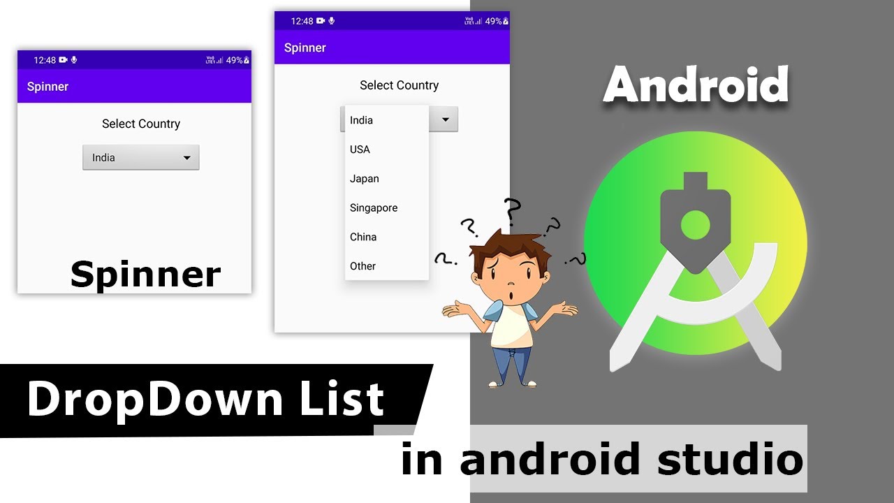 Spinner in android studio | Create dropdown list | DropDown Menu in android  | #49 - YouTube