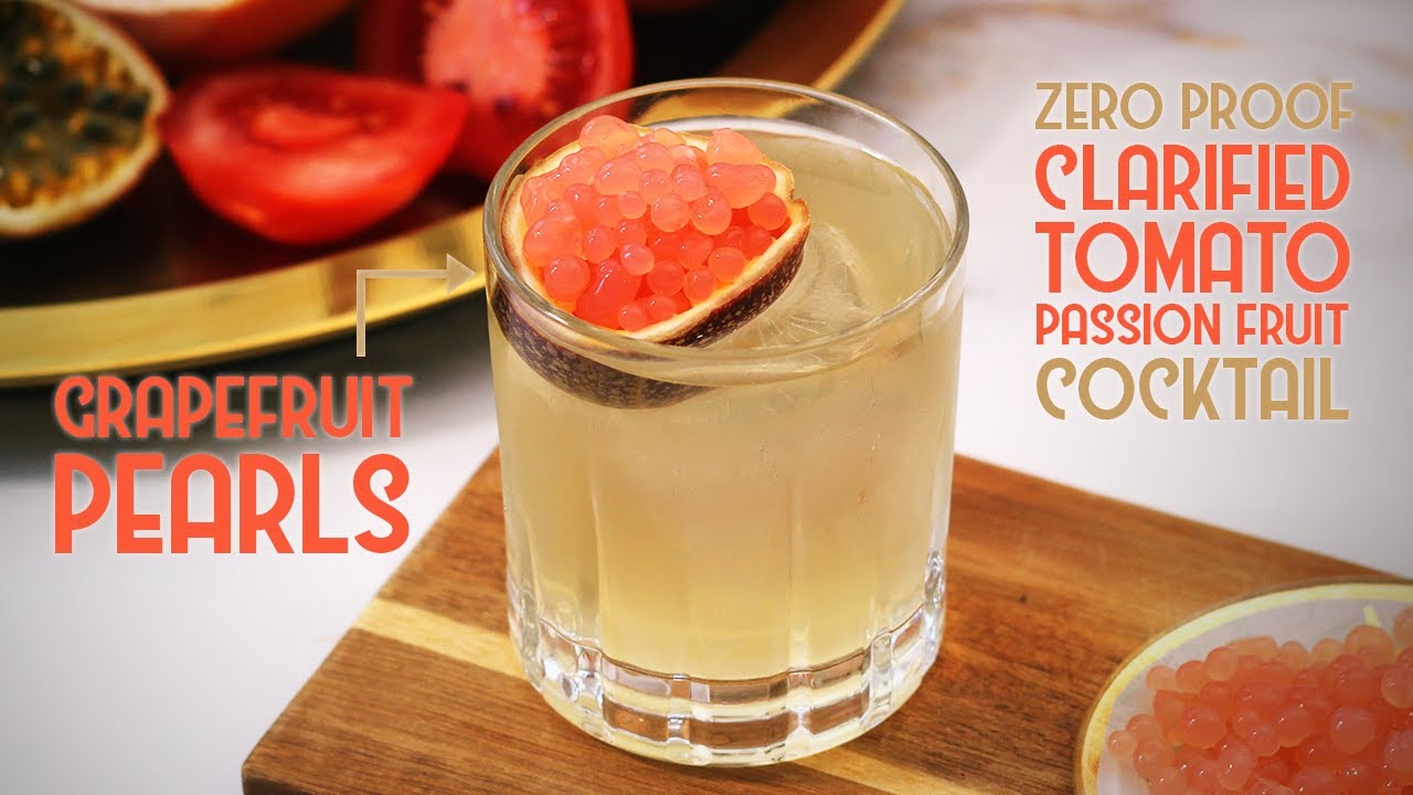 Serendipity Cocktail from Existing Conditions w Clarified Tomato, Passion Fruit & Grapefruit Pearls