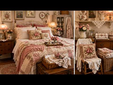 🌹 Faded Rose Cottage Bedroom with Quilts, Lace Curtains & Heirloom Decor ✨