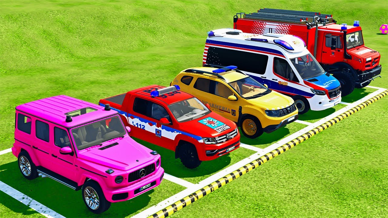 TRANSPORTING MERCEDES, VOLKSWAGEN, DACIA, AMBULANCE VEHICLES, FIRE ENGINE WITH TRUCK !FS22