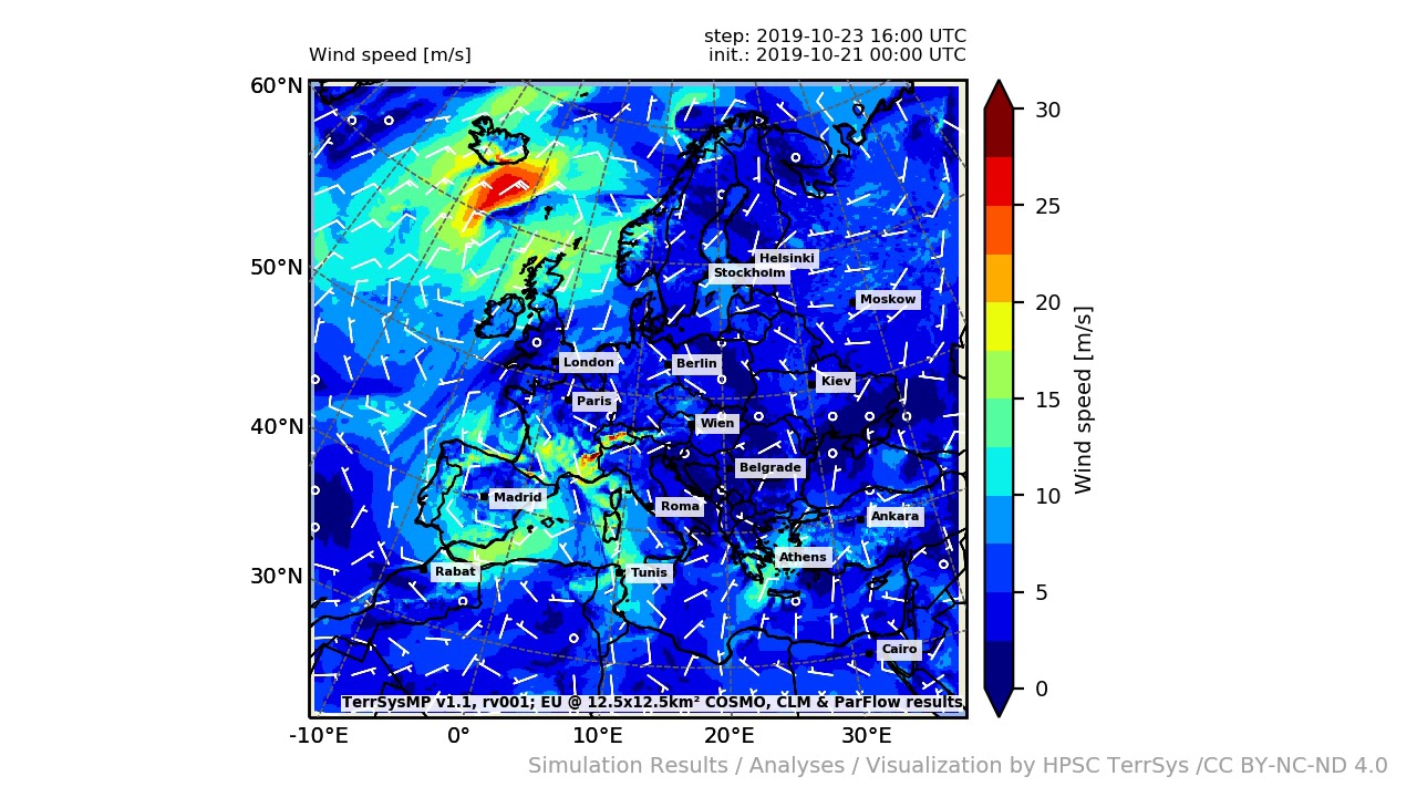 TerrSysMP monitoring run 2019-10-21 - wind speed - Europe (132h)