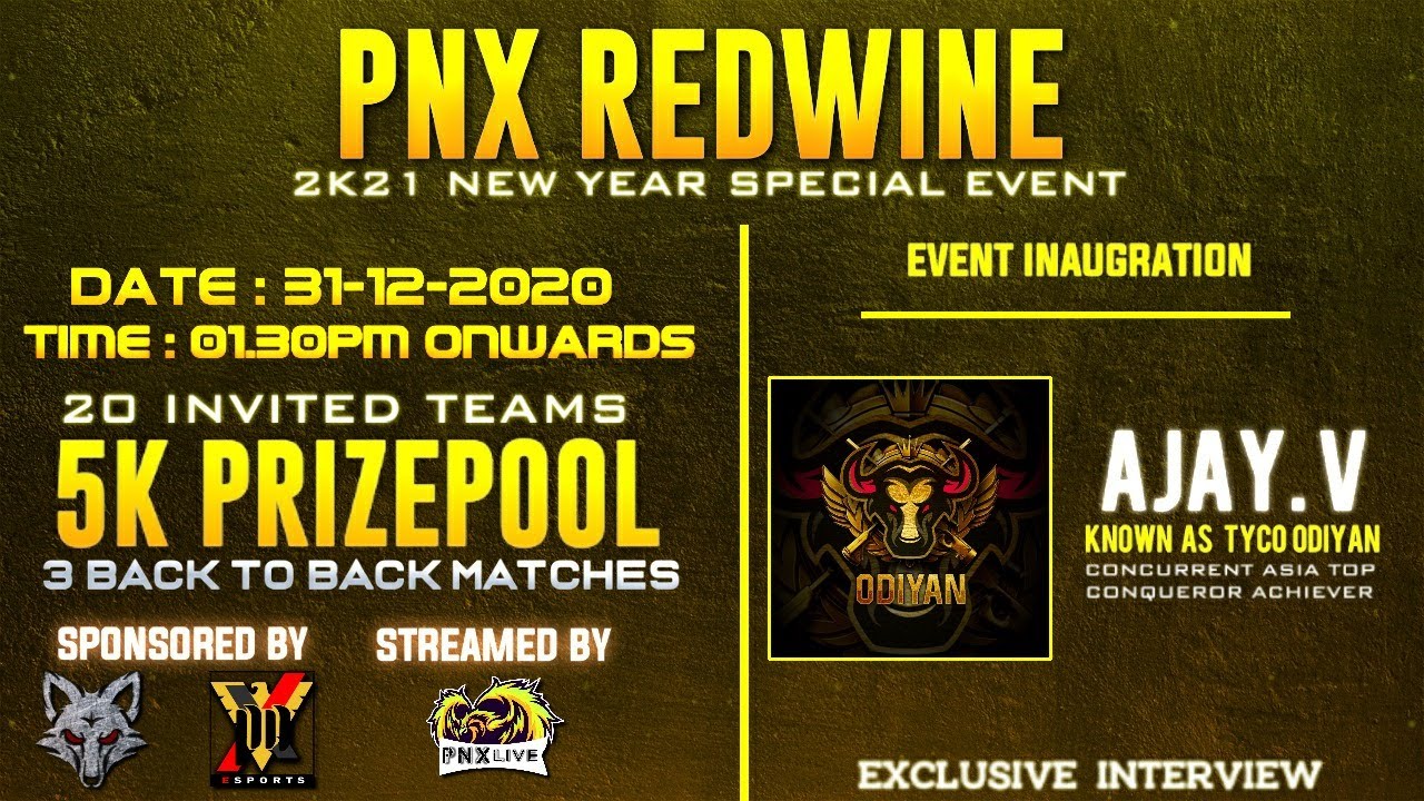 PNX REDWINE 2K21 :: New Year Special :: Kerala's Top Teams :: 5K Prizepool :: Powered by FOX & PNX