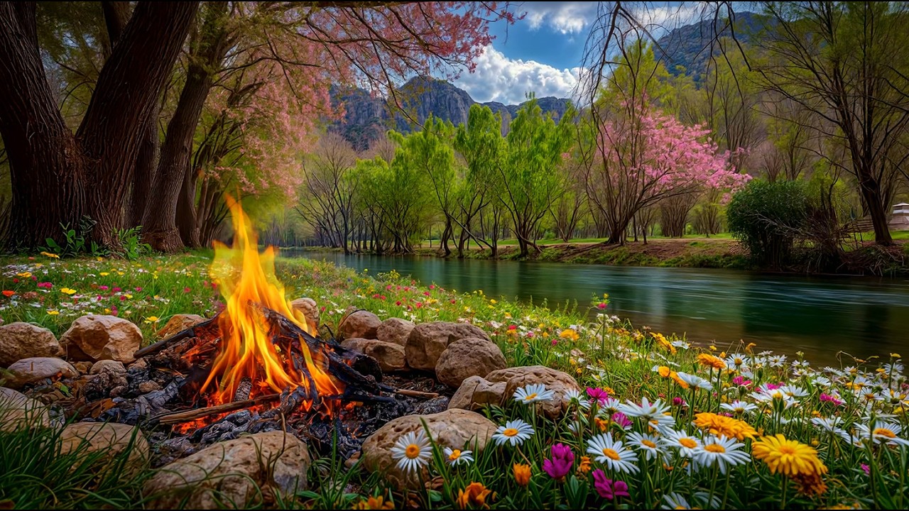 Relaxing Spring Meadow by the River 🌸 Campfire Sounds and Nature Atmosphere