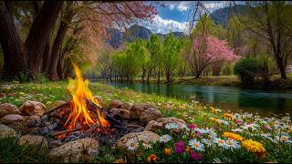Relaxing Spring Meadow by the River 🌸 Campfire Sounds and Nature Atmosphere screenshot 5