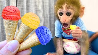 Monkey Baby BonBon Goes to the Market to Eat Ice Cream with a Cute Puppy at the Garden  Crew BonBon