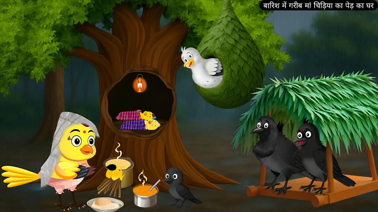 बारिश में गरीब मां चिड़िया का पेड़ का घर | Reema chidiya wala cartoon | Gori kalu kawa cartoon | 