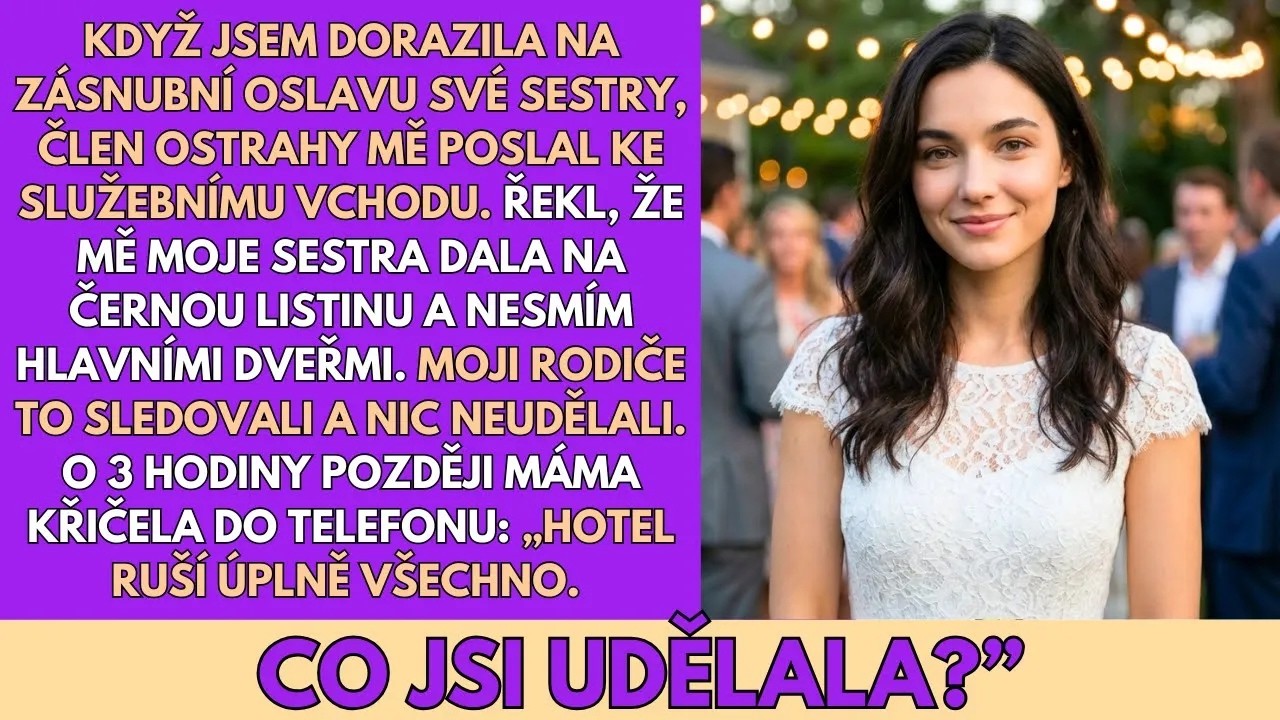Vlastním hotel, kde se zrovna koná zásnubní oslava mé sestry, a ochranka mi u hlavního vchodu řekne: „Bohužel budete muset použít služební vchod." Za sklem stojí moje matka a usmívá se. Spokojeně....
