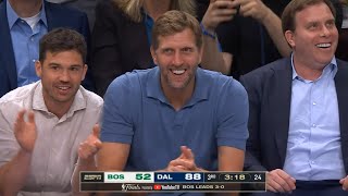 Dirk was loving this monster dunk by Dereck Lively to put Mavs up 36 in Game 4