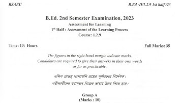 BSAEU B.Ed. 2nd sem question|course 1.2.9 1St half 2023 | assesment of the learning process