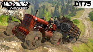 Spintires: MudRunner - DT 75 Old Tractor With Trailer Gets Stuck On A Steep Climb