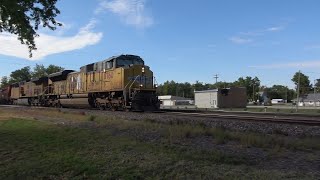 Old Rock Island railyard drone view (IANR), CNW GP7s! UP priority and mixed freight trains, harvest!
