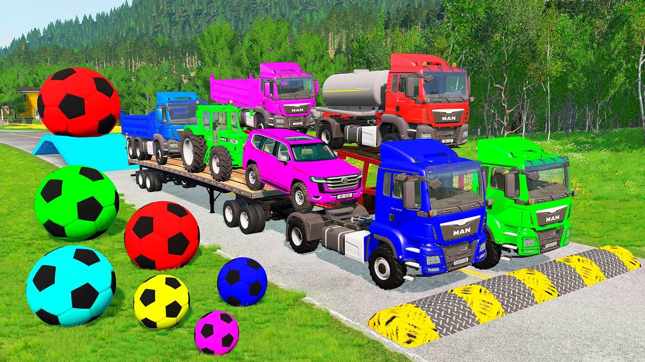 Flatbed Trailer McQueen Transportation with Truck - Speedbumps vs Cars vs Train - BeamNG.Drive #11