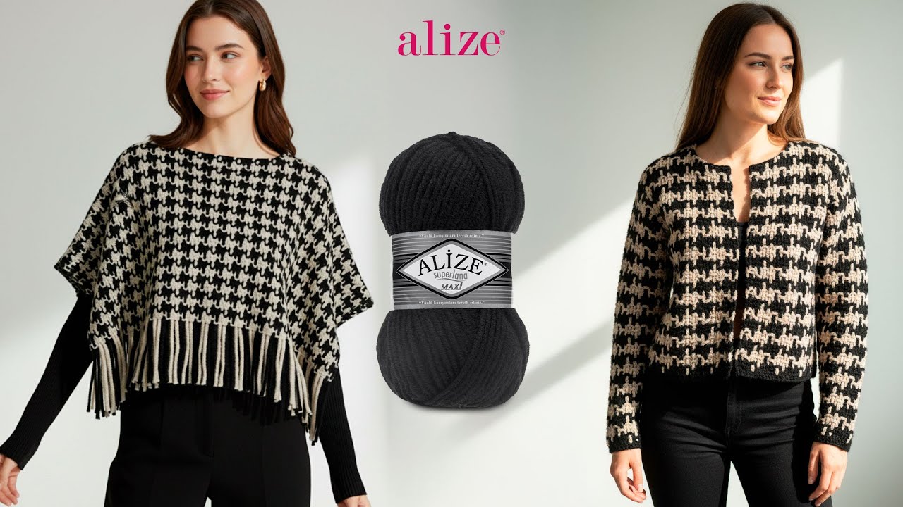 Вязаное крючком пончо с эффектом плетения из пряжи Alize Superlana Midi и Alize Superlana Maxi