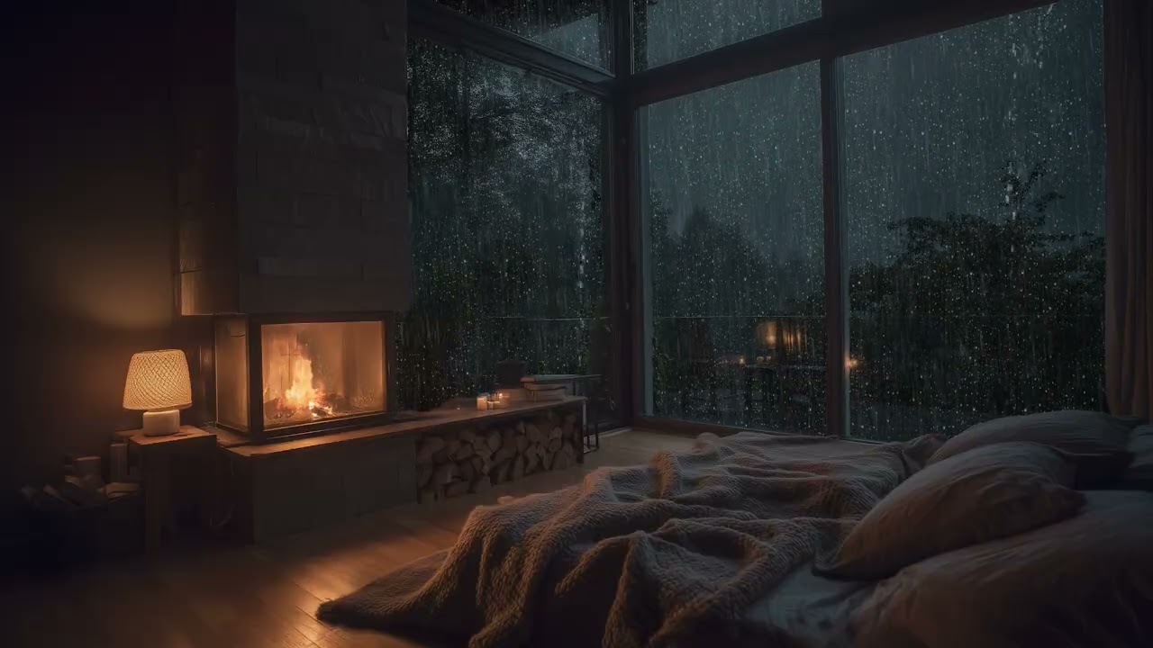 Heavy Rain in a Forest Cabin 🌧️ | Soft Piano & Fireplace Sounds for Deep Sleep & Relaxation