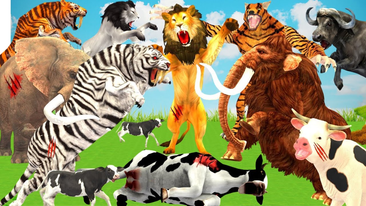 20 Tiger Wolf Evil vs 10 zombie Dinosaur Attack 5 Baby Cow Bufallo Saved By 10 Woolly Mammoth Asian