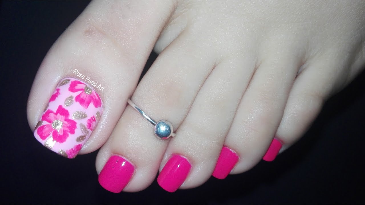 Elegant Pink Floral Toe Nail Art Tutorial- Summer Pedicure Design with Gold  Touch | Rose Pearl - YouTube