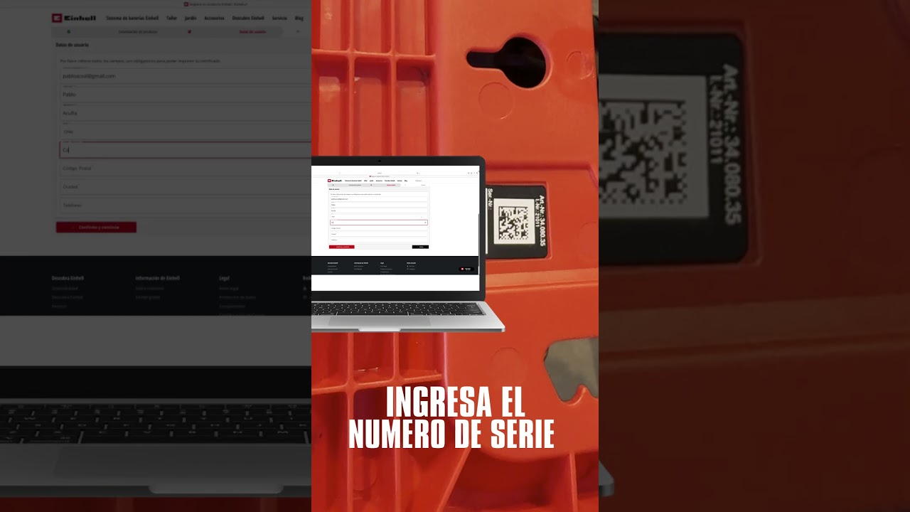 Smartphone displaying a product warranty registration form on a website, with the text "Y DATOS DE USUARIO" above the phone, and a red and black power tool in the background.