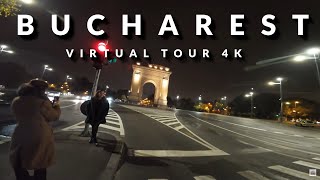 Bucharest, Romania Night Virtual Tour 4K. Old Town Centre. Romanian Athenaeum. Triumphal Arch