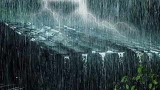 SLEEP EASY IN 3 MINUTES | Strong Heavy Rain on Rooftop at Night - RAIN AND THUNDER